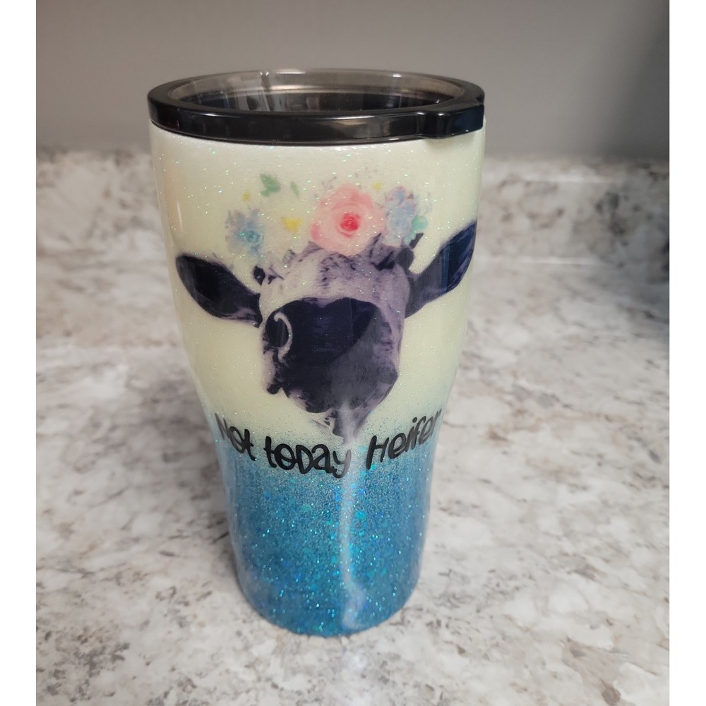 Art Minded Stainless Steel Insulated Tumbler 21-30 oz Blue Glitter Cow Slide Lid